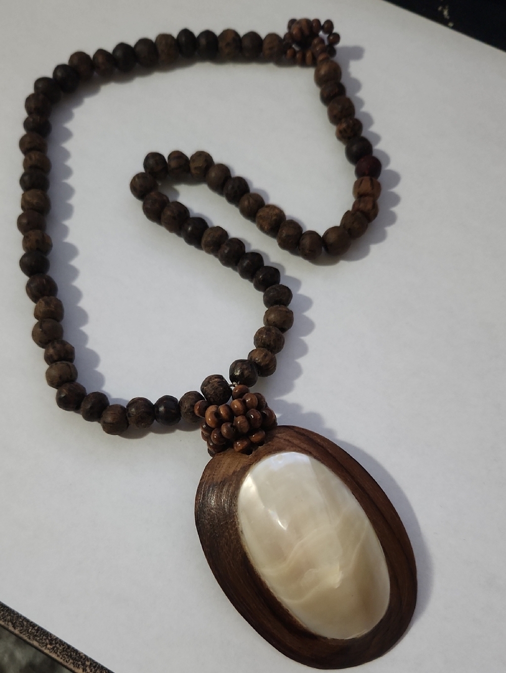 Handcrafted Brown Wood Bead Necklace with Cream Shell Pendant From Japan